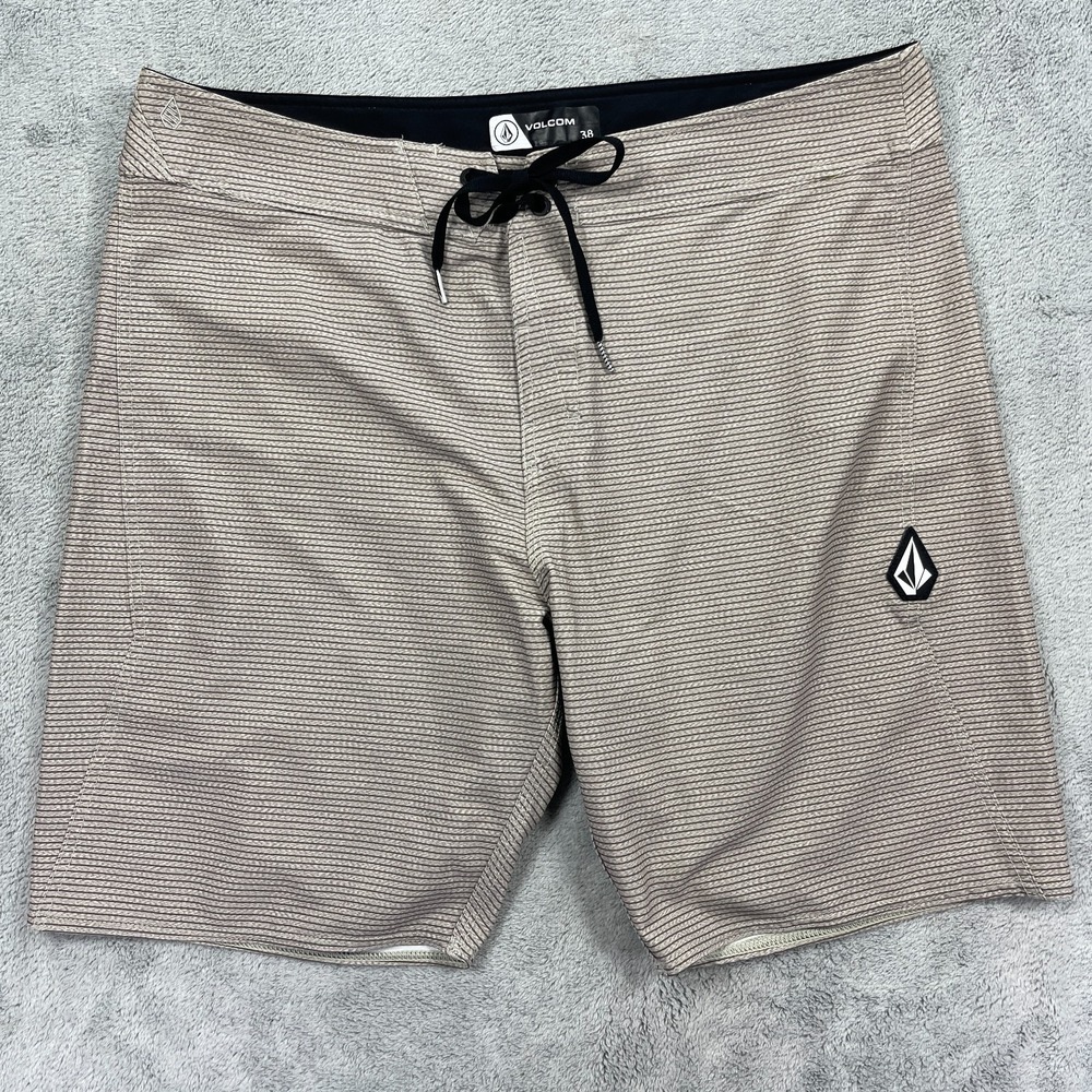 Volcom Too Hectik 2 Board Shorts Mens 38 Beige Striped Surf Swim Trunks
